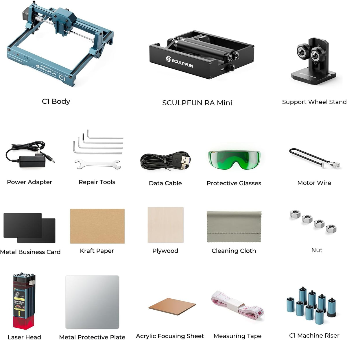 SCULPFUN C1 Mini-lasergraveermachine met Mini RA laser roterende wals, 3 W lasergraveermachine, 0,04 mm zeer nauwkeurige lasergravure, plug and play, ideaal voor doe-het-zelvers, hout