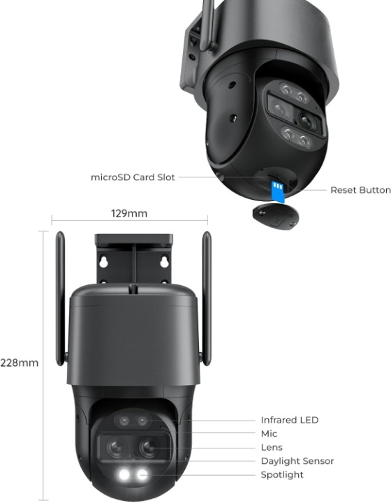 Beveiligingscamera - WiFi-beveiligingscamera - Camerabewaking - 4K Wi-Fi 6 - voor Buiten - met Dubbele Lens - 6X Hybride Zoom - 360° Zicht - Detectie van Personen - Voertuigen - Dieren - Automatisch Volgen - Kleurennachtzicht - Grijs