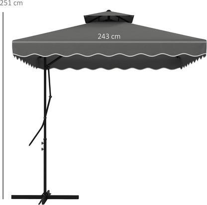 Outsunny Parasol, 243 x 243 cm Balcony Parasol with UV Protection, Floating Parasol with Double Roof, Cross Base, Patio Parasol with Ruffles, 4 Ribs, for Garden, Metal, Dark Grey, Dunkelgrau - QUORE