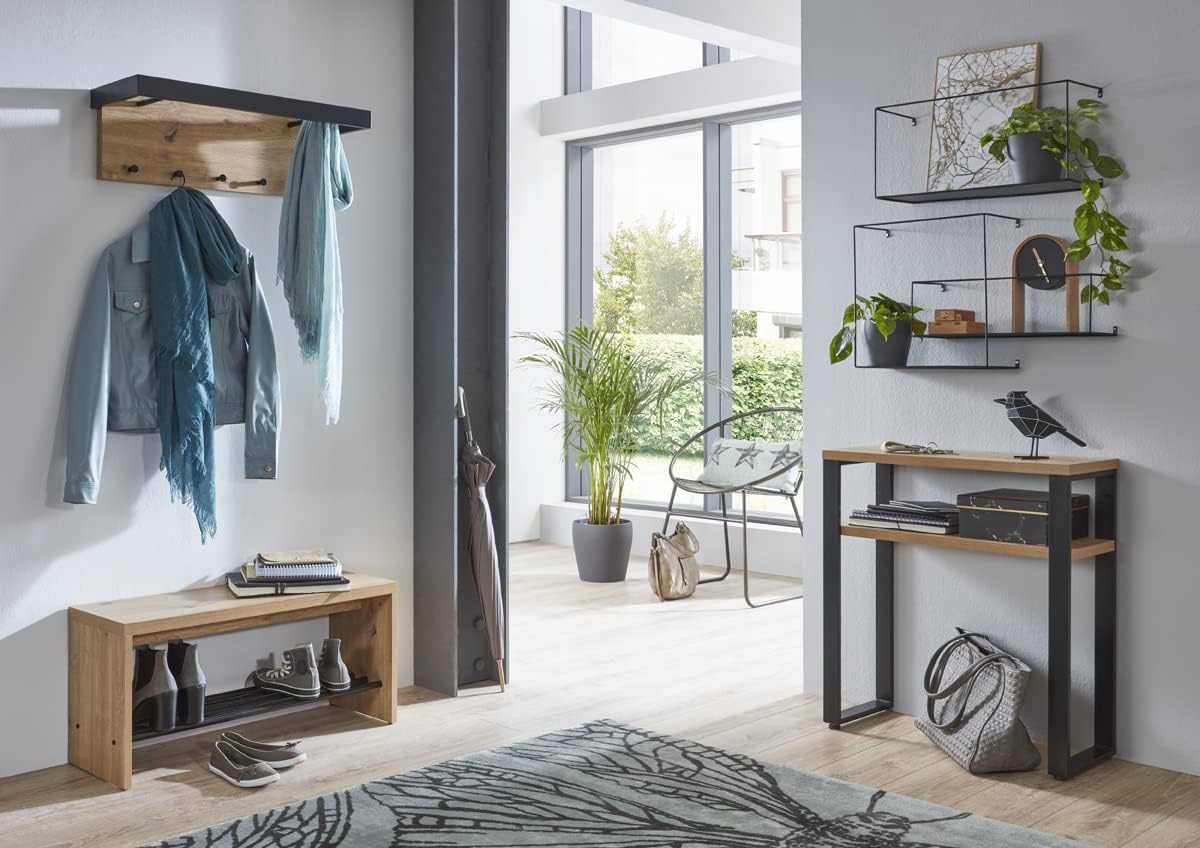 HAKU Console eiken, zwart, MDF, metaal - Maat: B 70 cm x H 75 cm x D 28 cm, Stijl: Modern