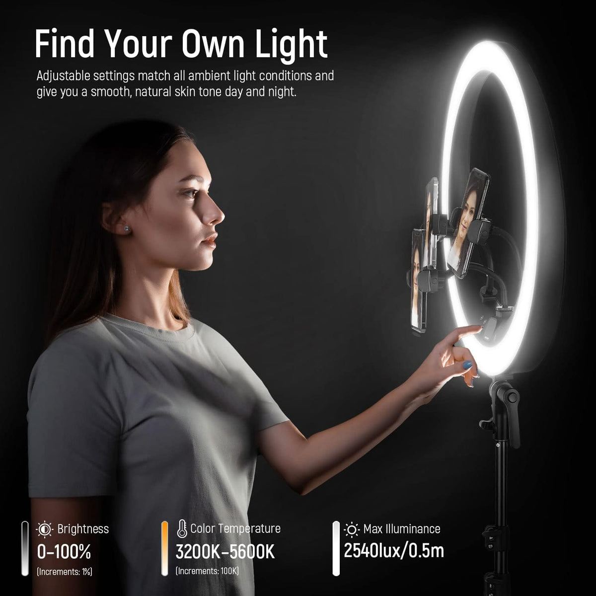 Ringlamp – Led Ringlamp – Videolamp – Selfielamp – Studiolamp – 19 Inch Met Statief En 3 Telefoonhouders – 2,4G Afstandsbediening En 1% Traploos Dimbaar
