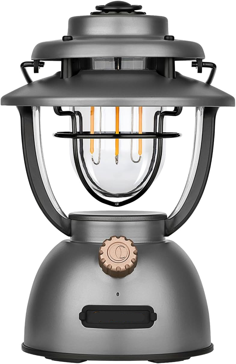Campinglamp - Kampeerlamp - Retro Stijl LED-lantaarn - Dimbare - Draagbare - met Noodstroombank - USB-C & A Oplaadbaar - voor Buiten - Camping - Noodsituatie - IPX5 Waterdicht - 300Lm - 11200 mAh - Grijs