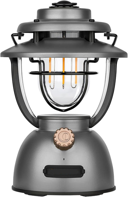 Campinglamp - Kampeerlamp - Retro Stijl LED-lantaarn - Dimbare - Draagbare - met Noodstroombank - USB-C & A Oplaadbaar - voor Buiten - Camping - Noodsituatie - IPX5 Waterdicht - 300Lm - 11200 mAh - Grijs