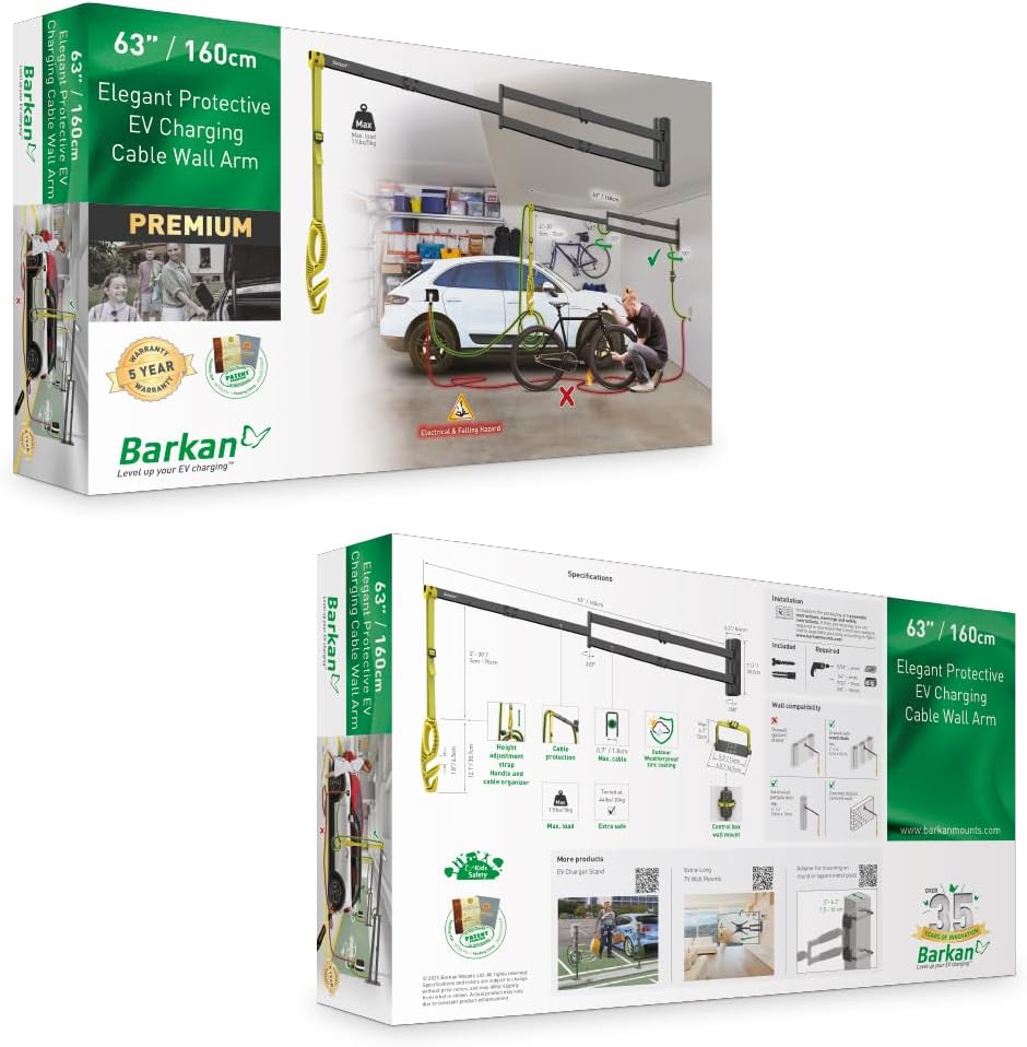 Barkan 160 cm lange EV oplaadkabel wandhouder arm, 5 jaar garantie, buiten/outdoor, weerbestendig en waterdicht, voor E-auto EV/PHEV/elektrische autokabel