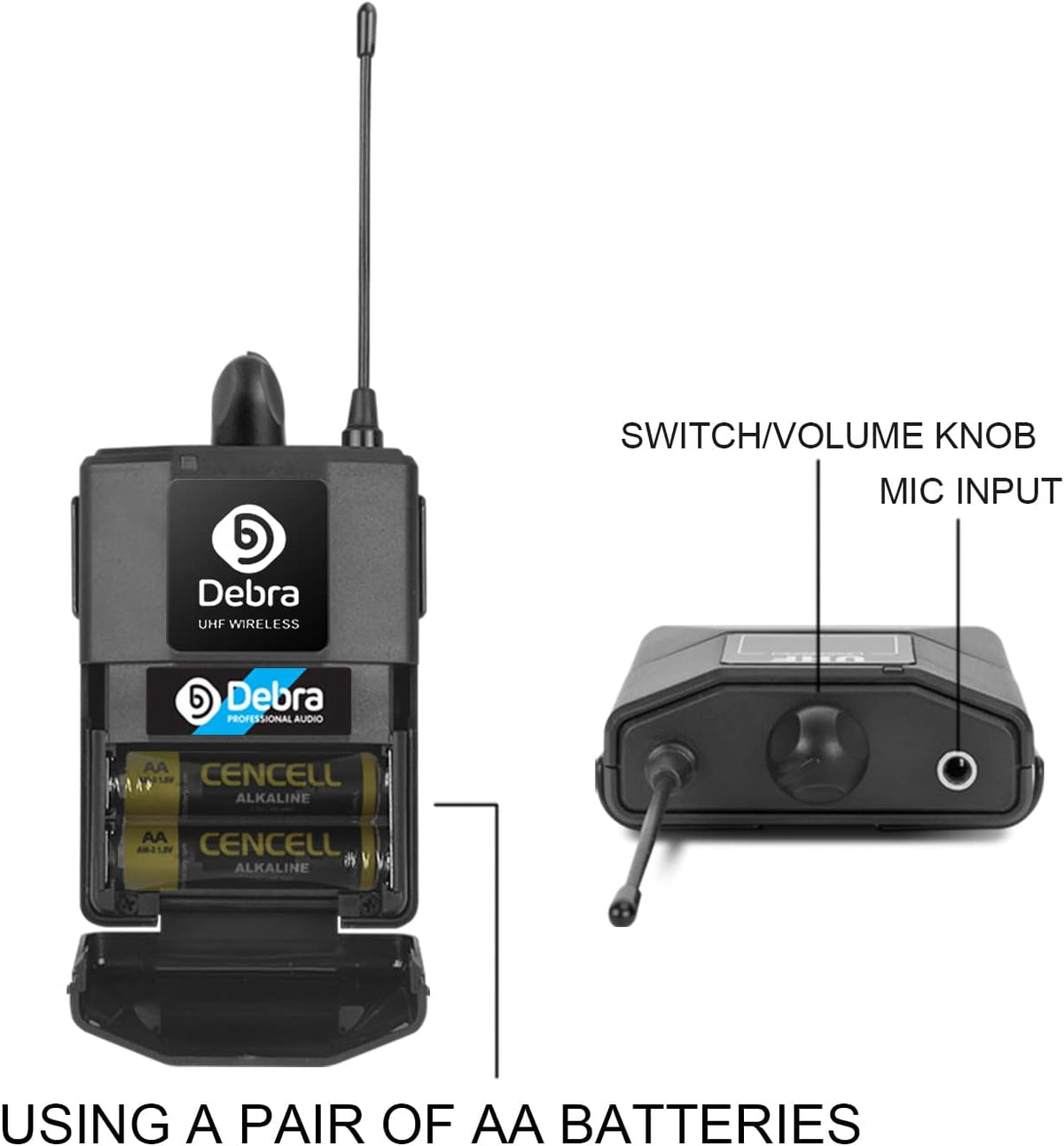 Debra Audio Pro UHF Draadloos 4-Kanaals Microfoonset met Lavalier en Headset, Metalen Ontvanger voor Karaoke en Kerk (B-frequentie)