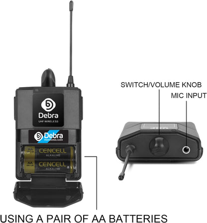 Debra Audio Pro UHF Draadloos 4-Kanaals Microfoonset met Lavalier en Headset, Metalen Ontvanger voor Karaoke en Kerk (B-frequentie)