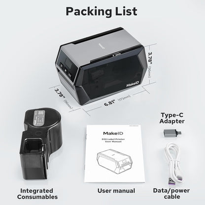 Makeid D50 labelprinter, 5,08 cm printkop, compatibel met app en pc, automatische cutter, 2600 mAh batterij, 5 cm x 8 m etiketten, robuuste professionele printer voor werkplek