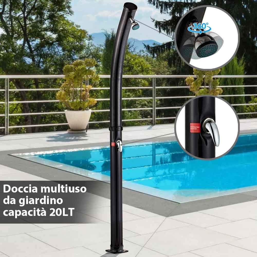 BAKAJI Douche op zonne-energie voor tuin, zwembad, outdoor, camping, 20 l, met verstelbare douchekop, warmwatermixer, aansluiting voor de tuin, afmetingen 214 x 11,5 x 11,5 cm