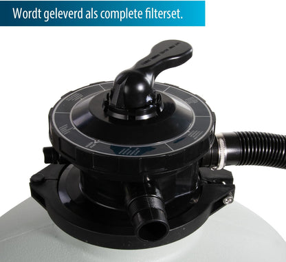 AquaForte Zandfilterset SQ-460, filtercapaciteit 68 L, filtermateriaal 68 kg (zand), max. debiet 10 m3 per uur, 550 Watt, max. bekkengrootte 39,5 m3, uitgerust met 6-wegklep bovenaan