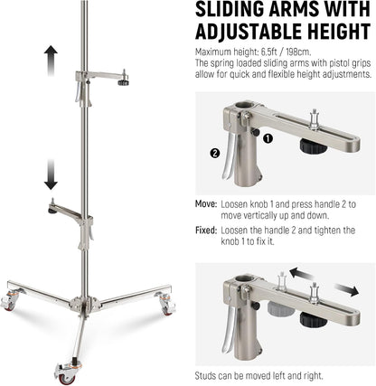 NEEWER 198 cm roestvrijstalen lichtstandaard, zware statiefstandaard met zwenkwielen, 2 glijarmen met pistoolgreep, opvouwbare poot voor fotografie, softbox monolight, max. belasting 16 kg, ST198SS