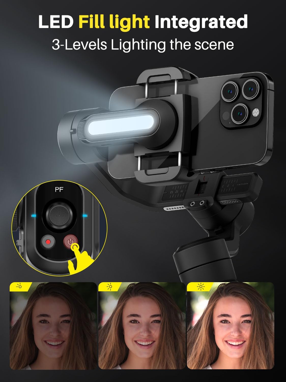 AOCHUAN Professionele cardanische stabilisator voor smartphone, ingebouwde 18 cm verlengstang en krachtig vullicht, 360 ° inceptie, Face&Object Tracking Stabilizer, 3-assige gimbal voor iPhone en