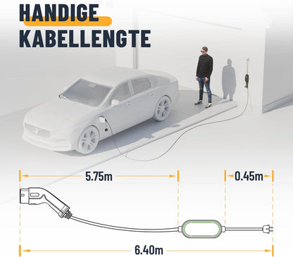 ABSINA Type 2 oplaadkabel Schuko met instelbaar laadvermogen - ICCB oplaadkabel 3,7 kW 16 A 1-fase IP67 met 6,40 m kabel - oplaadkabel Schuko naar type 2 voor i3, e-Up, ID.3, ID.4, Zoe, fortwo, Kona