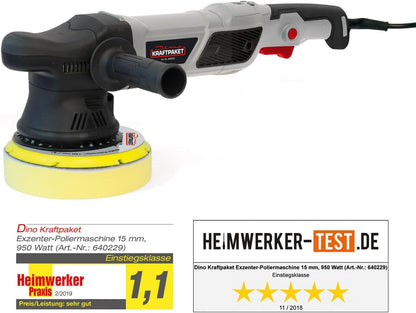 Dino Kraftpaket, 15-950 W, excentrische polijstmachine, 12-traps, met LCD-display en geheugenfunctie, set met polijstspons, polijstschijf, tas voor auto, boot, XL-HUB