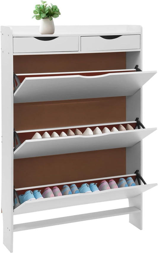 Shoe cabinet with 3 flaps, 80 x 17 x 125 cm, white, shoe rack, shoe cabinet, narrow, 15 kg, load capacity with two cupboards - QUORE