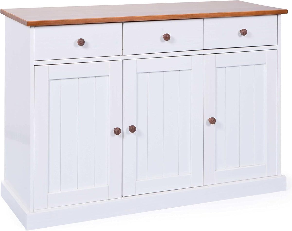 Dressoir met 3 deuren en 3 laden van water-based wit gelakt massief grenen met een bruine afwerking