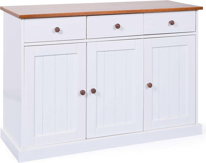 Dressoir met 3 deuren en 3 laden van water-based wit gelakt massief grenen met een bruine afwerking