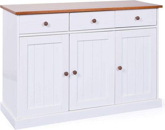 Dressoir met 3 deuren en 3 laden van water-based wit gelakt massief grenen met een bruine afwerking