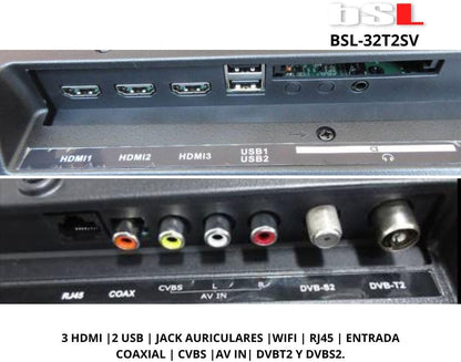 BSL-32T2SV VIDAA Smart TV 32 inch | WiFi | RJ45 | Res. HD1366X720p | USB | DVBT2/S2/C | Compatibel met Youtube, Netflix, Disney +, Dazn, Prime | HDMI
