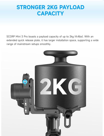 FeiyuTech SCORP Mini-3-Pro Gimbalstabilisator voor spiegel/compact/actiecamera, smartphone, 18 m AI-tracking, afneembare afstandsbediening, 2 kg belastbaar, 3-assige gimbal voor Canon Sony