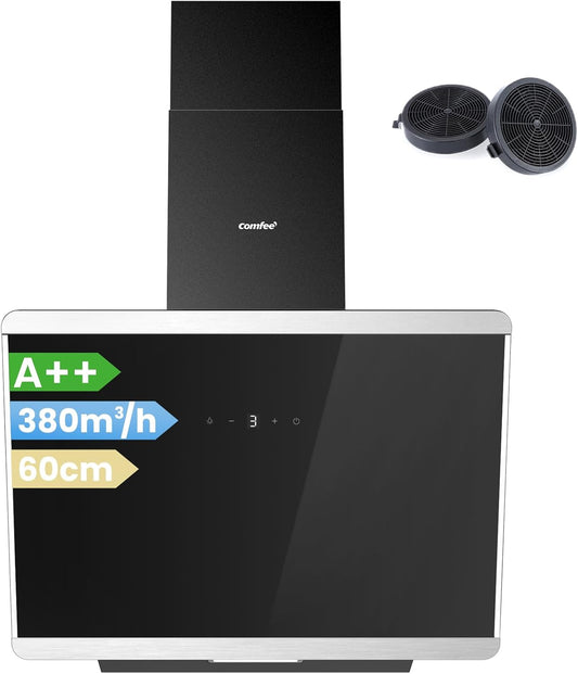 Afzuigkap 60 cm – Wandafzuigkap – Schouwkap – Dampkap – Keukenafzuigkap – Zwart Glas En RVS – 380 m³/u Luchtstroom – A++ BLDC-Motor