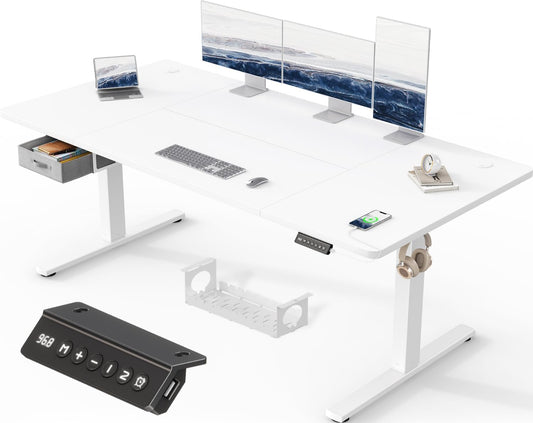 Devoko Height Adjustable Desk Electric, Desk with Drawers, USB-A Charging Port, Standing Desk with Cable Management Tray, Computer Desk with 3 Memory Functions (White, 180 x 80cm)