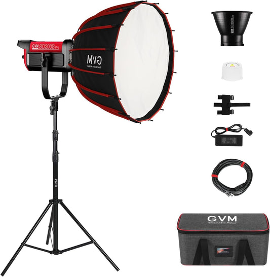 GVM Led-videolamp met softbox, 200 W, Bowens continu licht, 2700K-6800K COB studiolicht, videolicht voor video, YouTube, fotolicht, filmstudioset, 45400lux/1m, CRI97+ DMX/APP-besturing
