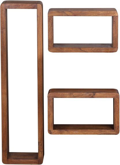 FineBuy Wall Shelf Set of 3 Sheesham Solid Wood | Wall Shelf Cube Hanging Shelf | Shelf for Wall Floating - QUORE