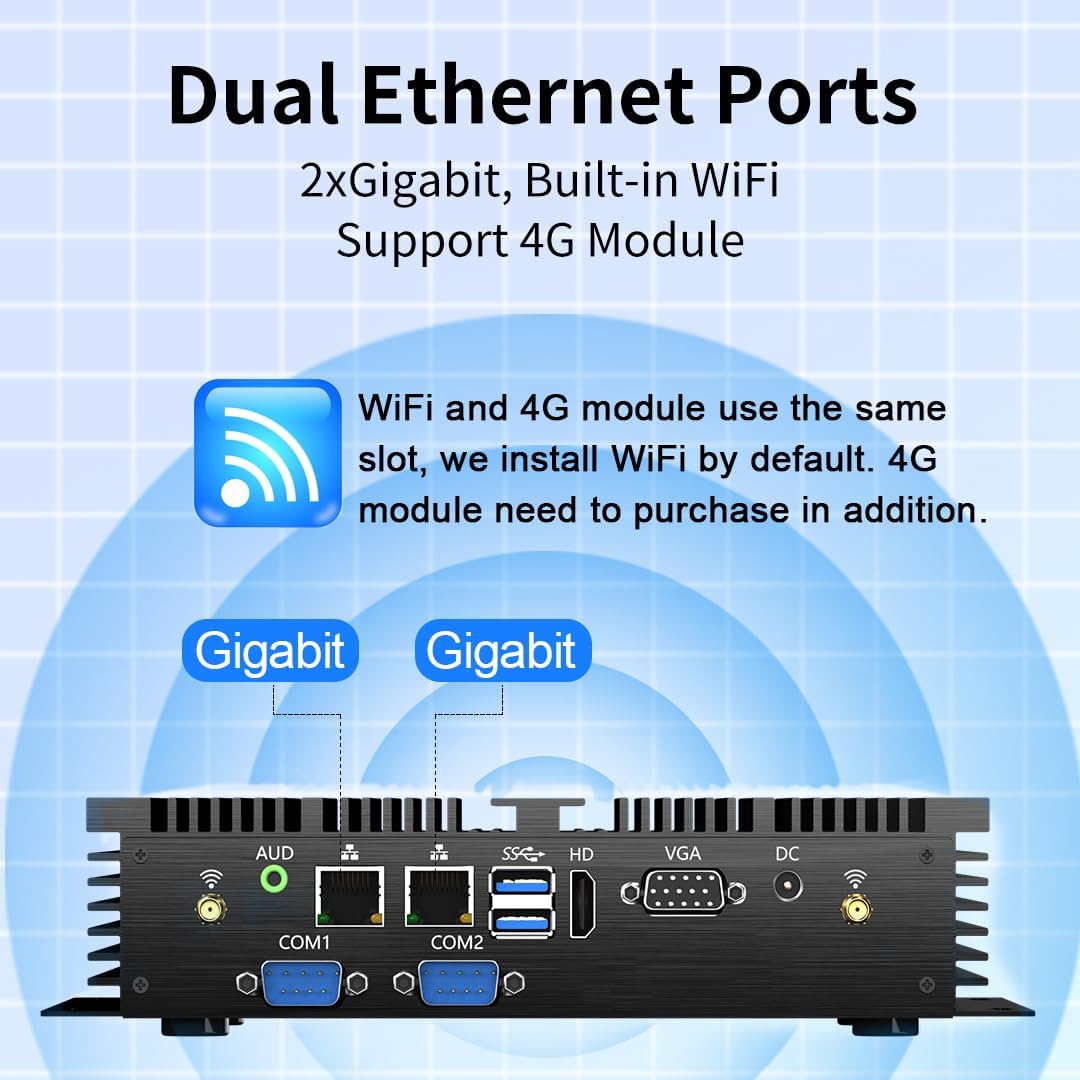Fanless Industrial PC with Core i7-5500U, Mini Computer 16GB RAM, 512GB SSD, 1xHDMI, 1xVGA, 2xRS232 COM, Dual LAN, WiFi, Supports 4G Module, Windows 10 Pro - QUORE