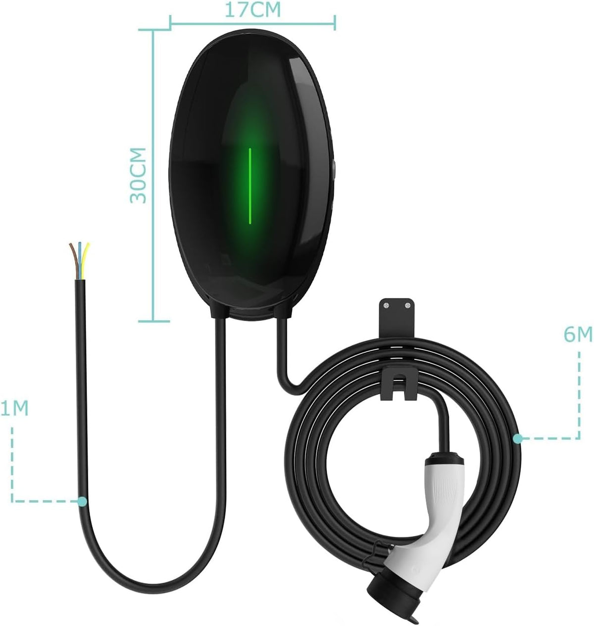 EV Oplader wandhouder met 11 KW type 2, 16A 3-fasen thuislaadstation Wallbox, 6 m oplaadkabel en type 2 stekker met lichtstrip voor EV PHEV, zwart