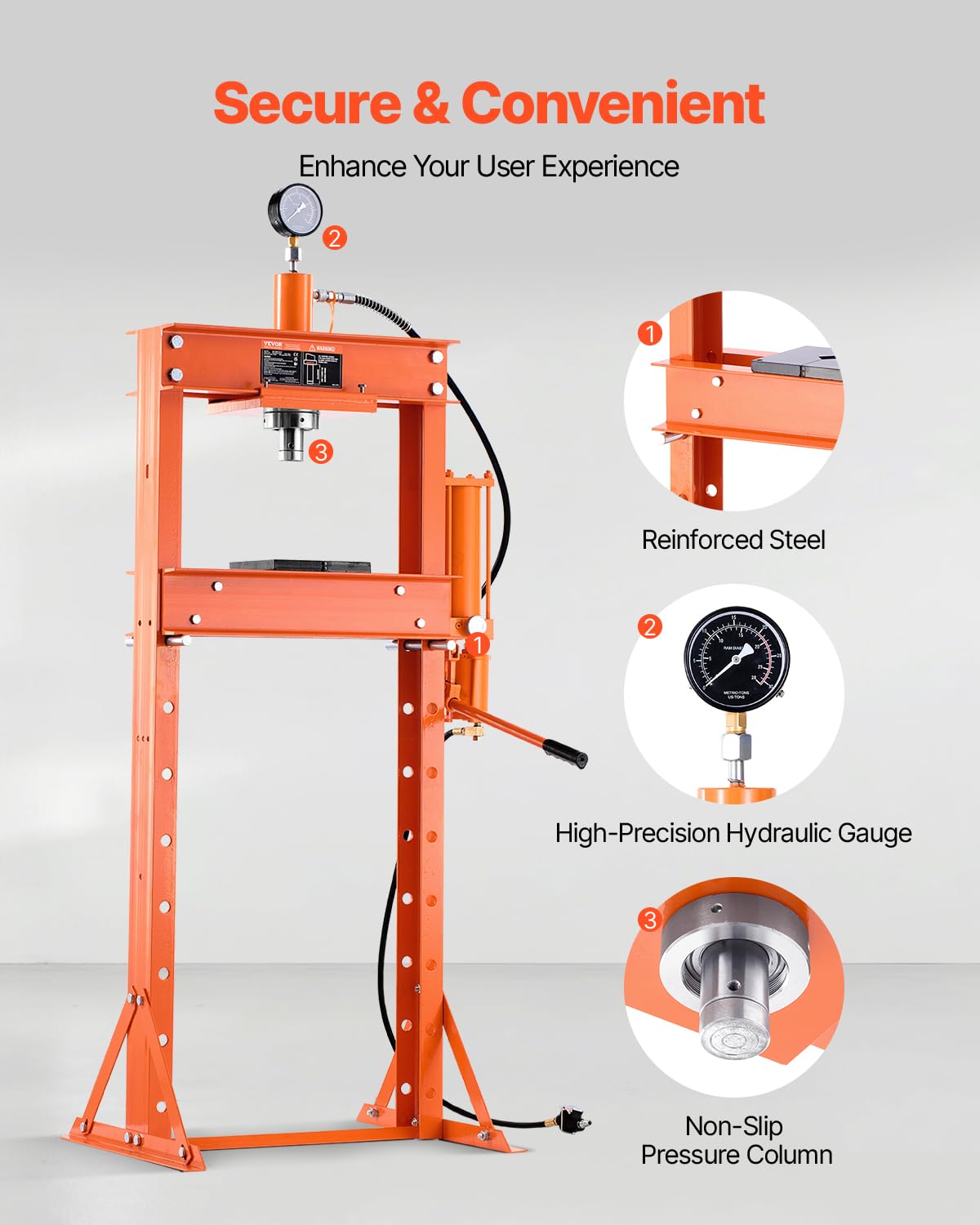 VEVOR Manual workshop press, workshop press with H-frame 20 T with pressure plate 0.8-1.2 MPa, adjustable hydraulic press for garage floors to bend