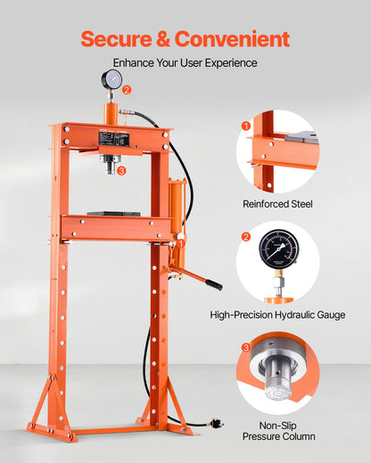VEVOR Manual workshop press, workshop press with H-frame 20 T with pressure plate 0.8-1.2 MPa, adjustable hydraulic press for garage floors to bend