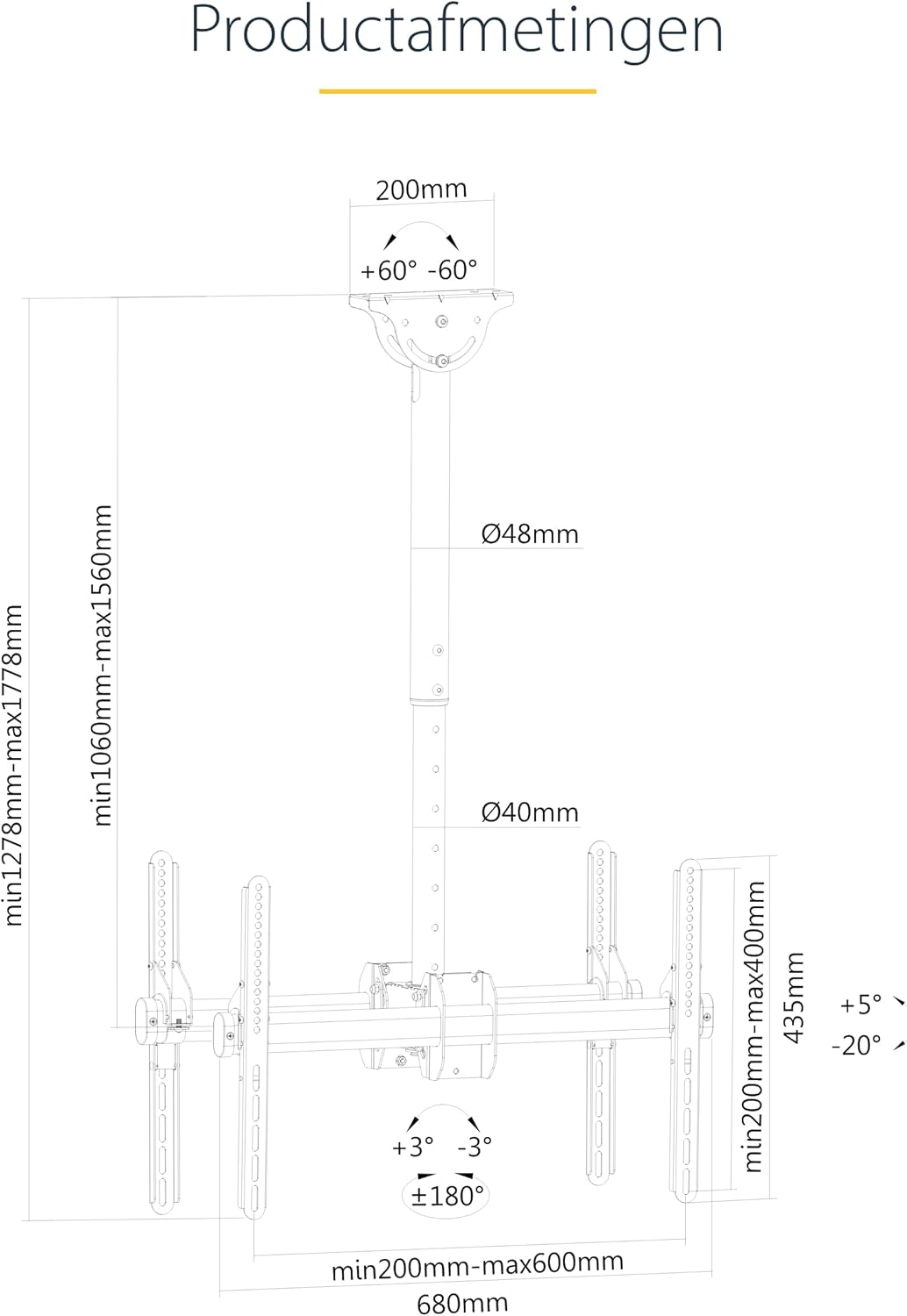 Dubbele plafondbeugel – Plafondbeugel, plafond tv beugel, tv ophangbeugel, dubbele tv beugel – Voor 2 schermen van 32 tot 75 inch – Verstelbare telescopische arm 1 tot 1,5 m, 360° draaibaar en geschikt voor schuine plafonds