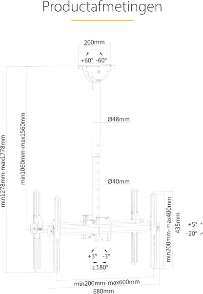 Dubbele plafondbeugel – Plafondbeugel, plafond tv beugel, tv ophangbeugel, dubbele tv beugel – Voor 2 schermen van 32 tot 75 inch – Verstelbare telescopische arm 1 tot 1,5 m, 360° draaibaar en geschikt voor schuine plafonds