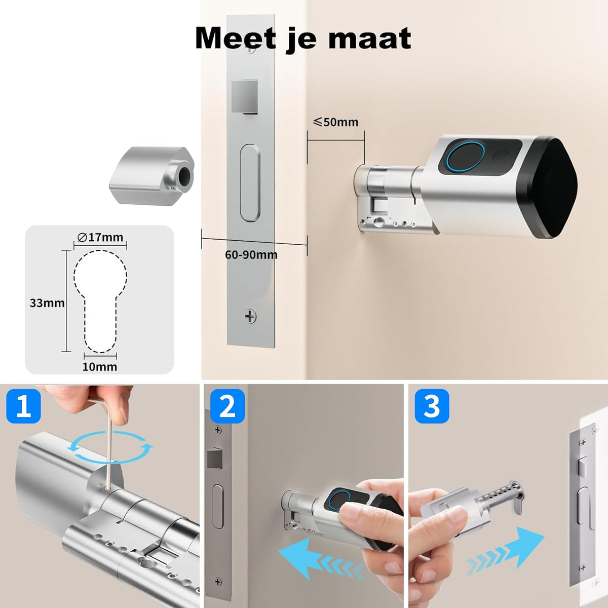 Deurslot, vingerafdrukslot, verstelbare lengte, elektronisch deurslot, smart lock met RFID-kaart, app, wifi, bluetooth-ontgrendeling, verlengaccessoires, 60-90 mm, zilver