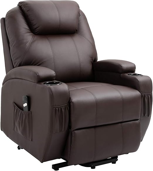 HOMCOM Chair with Stand Up Function, Adjustable Reclining Chair, Chair with Cup Holder, TV Chair with Storage Bag, Remote Control, Leatherette Metal, Coffee Brown. - QUORE