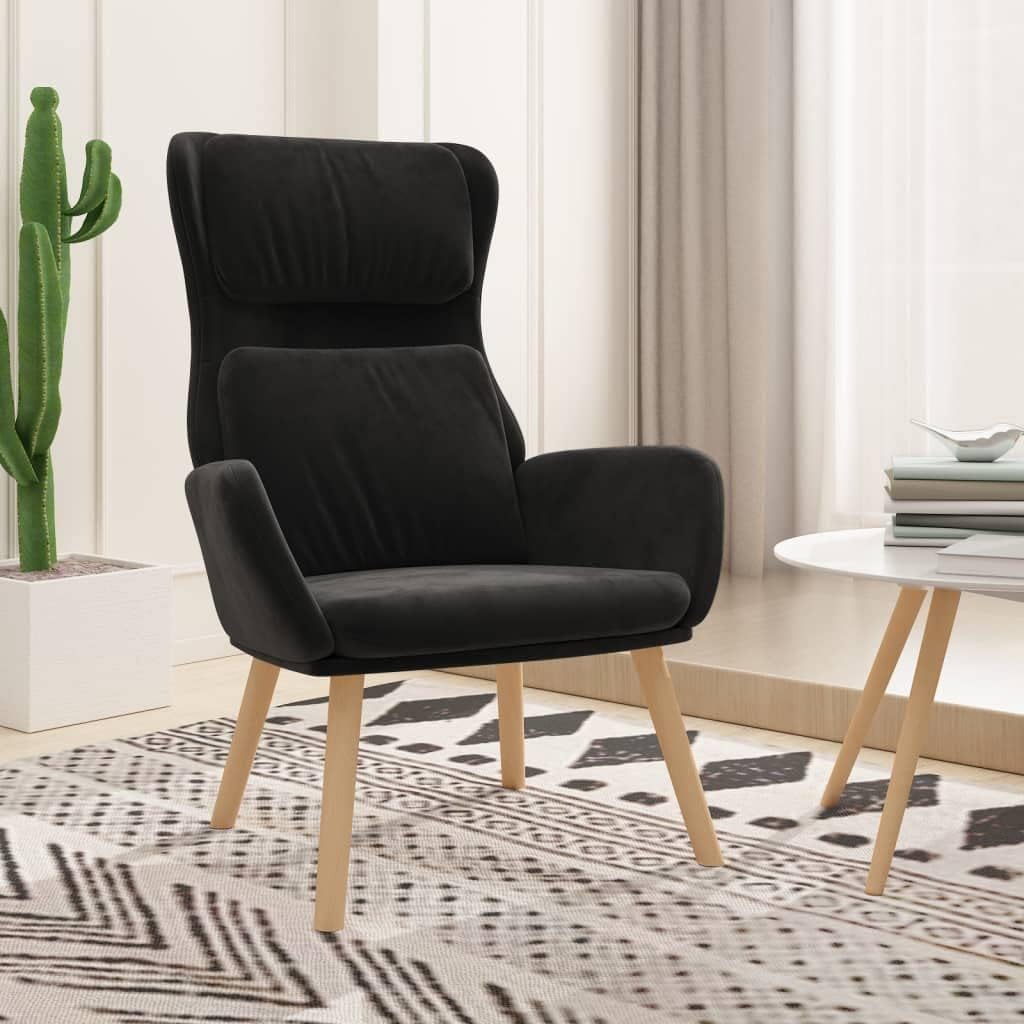 Zwarte Relaxstoel – Loungestoel – Fauteuil – Zitstoel – Comfortstoel – Zacht Fluweel – Metalen Frame & Houten Poten