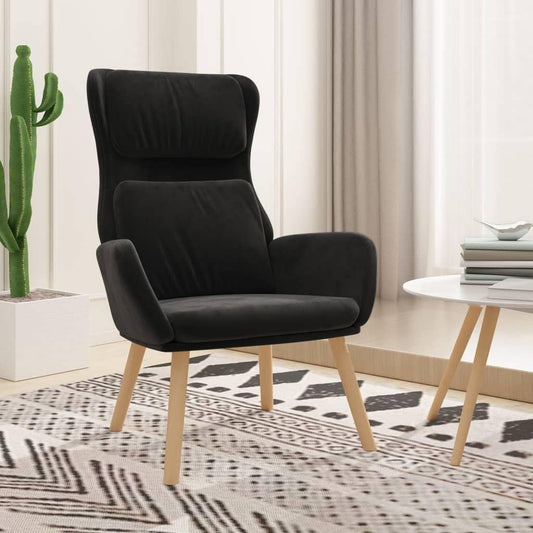 Zwarte Relaxstoel – Loungestoel – Fauteuil – Zitstoel – Comfortstoel – Zacht Fluweel – Metalen Frame & Houten Poten