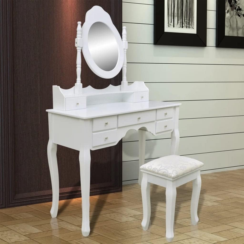 Kaptafel – Make-Up Tafel – Schminktisch – Toilettafel – Toilletafel – 7 Lades – Kantelbare Spiegel – Krukje Met Zachte Zitting – Wit Grenenhout
