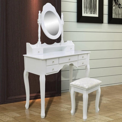 Kaptafel – Make-Up Tafel – Schminktisch – Toilettafel – Toilletafel – 7 Lades – Kantelbare Spiegel – Krukje Met Zachte Zitting – Wit Grenenhout