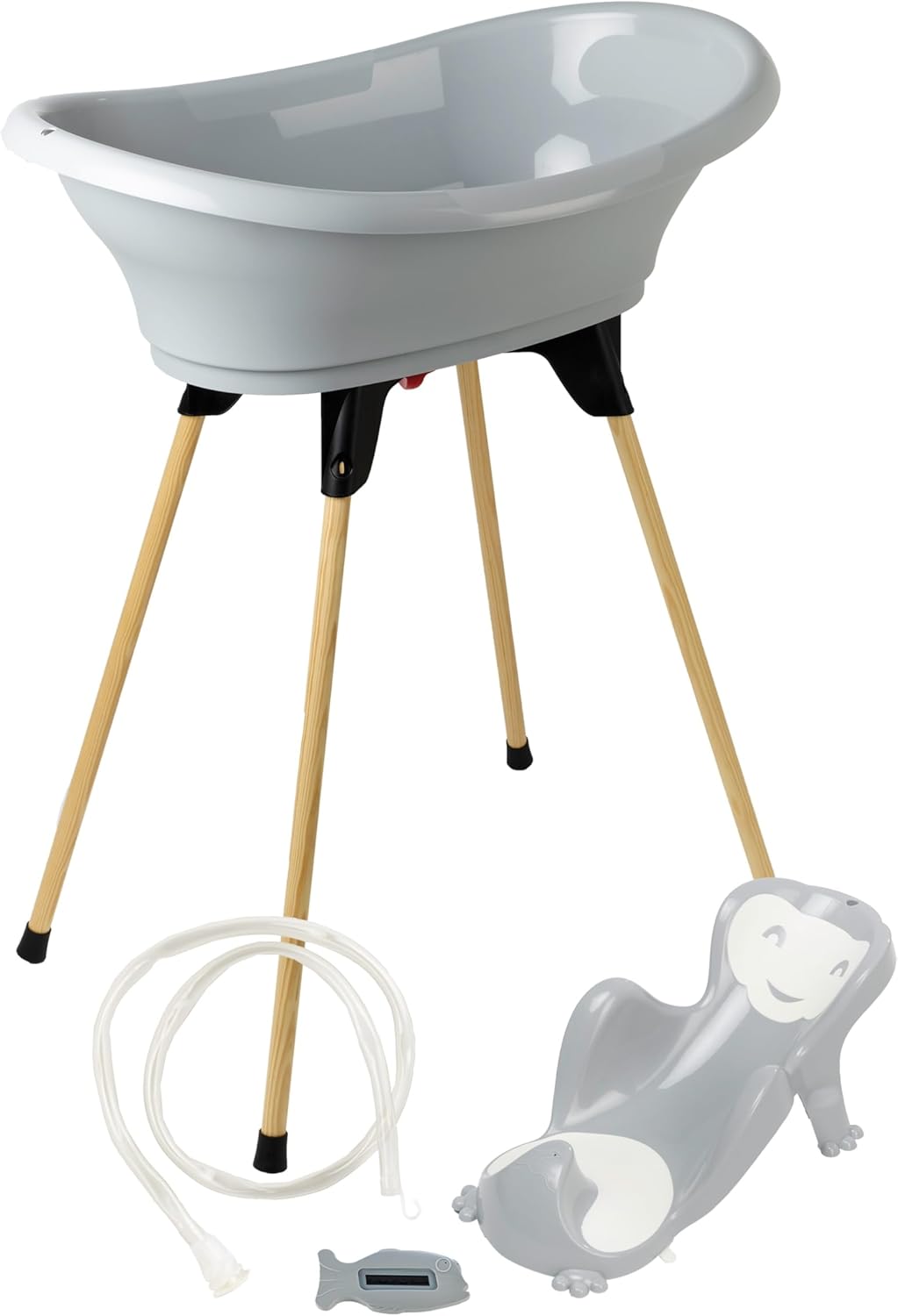 THERMOBABY - VASCO 5-in-1 babybad – badkuip, houten voet, afvoerslang, badstoel, thermometer – charmegrijs – opvouwbaar en stabiel – gemaakt in Frankrijk