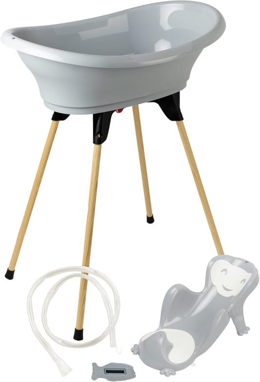 THERMOBABY - VASCO 5-in-1 babybad – badkuip, houten voet, afvoerslang, badstoel, thermometer – charmegrijs – opvouwbaar en stabiel – gemaakt in Frankrijk