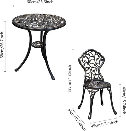 Antieke gegoten aluminium taverne-set, 3-delige set, tuinmeubelset met twee stoelen en ronde tafel, decoratief design, bronzen look (blad)