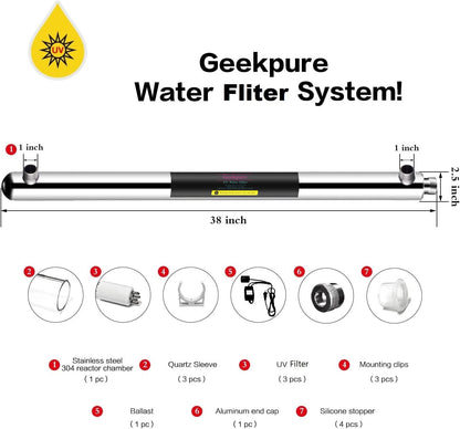 Geekpure Whole House Water Filter System - 55W UV Water Purifier with 3 UV Filters + 3 Quartz Sleeves - QUORE