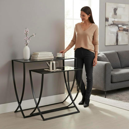HAKU Bijzettafel set van 2 zwart, Metaal, veiligheidsglas - Maat: B 60/80 cm x H Beistelltisch 2er Set/65 cm x D 30/30 cm, Stijl: Modern