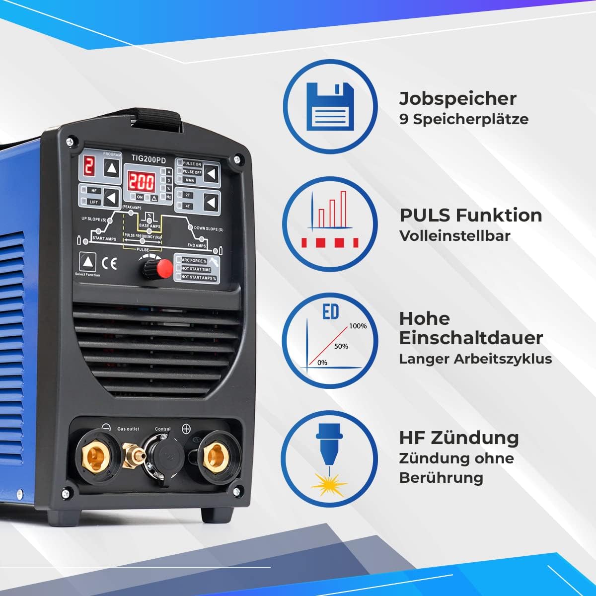 IPOTOOLS 200PD WIG lasapparaat DC - TIG TIG TIG lasapparaat 200 amper volledig digitaal inverter lasapparaat met HF-ontsteking, pulsfunctie, MMA, IGBT, 32-bit microprocessor, 7 jaar garantie