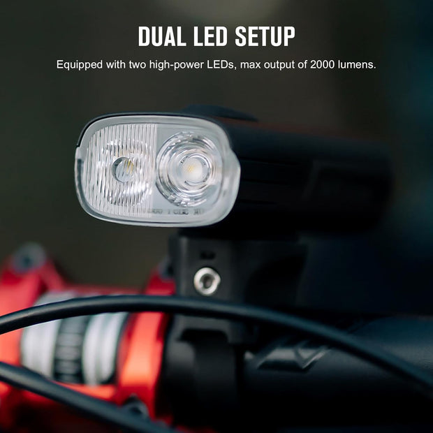 Fietslamp - Fietslicht - Dual Fietsverlichting - Draadloze Fietskoplamp - 2000Lm - 170m Lichtsterkte - LED - IPX6 Waterdichte - met Spotlight Intelligente - Lichtsensor - Schoksensor - Type-C Opladen - 6700 mAh - 4.9 x 3.2 x 9.9 cm - Zwart