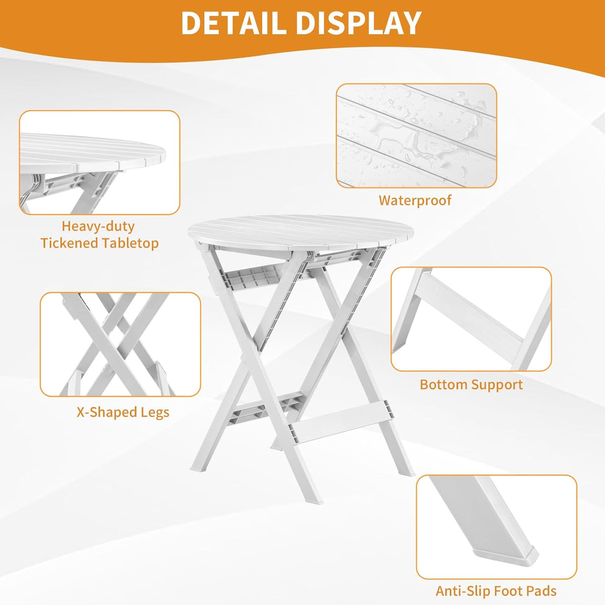 Plastic opvouwbare bistroset, 3-delige terrasbistroset, draagbare binnentafel en stoelen met rugleuning, opvouwbare terrasmeubelset voor balkon, veranda, achtertuin, tuin, zwembad (wit)
