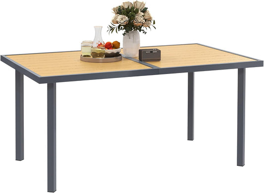 Outsunny Dining Table for 6 People, Garden Table with Rectangular Tabletop in Wood Look, Stainless Steel, for Patio, 150 x 90 x 72 cm, Natural Wood