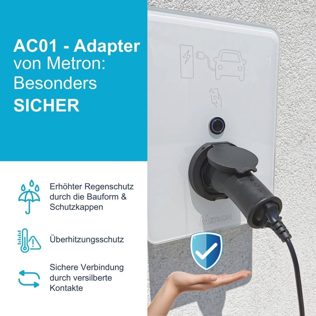 Metron AC01 type 2 naar Schuko-adapter. Betrouwbaar op het laadstation door start- en stop-elektronica