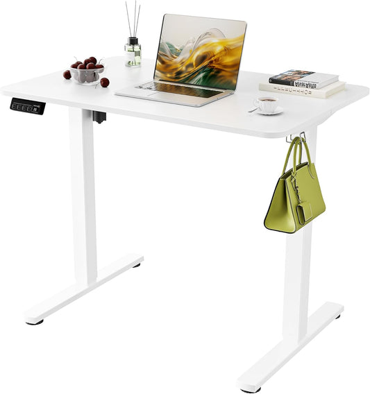 Elektrisch Bureau – Zit Sta Bureau – Verstelbaar Bureau – Laptoptafel – Werktafel – 90x60 cm – Geheugenfunctie & Opberghaken – Wit Stalen Frame - QUORE